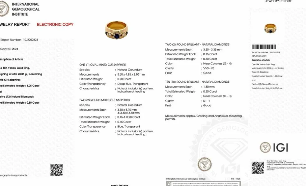 Bague en or jaune, diamants et saphirs certificat IGI