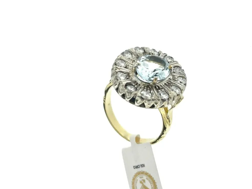 Bague en or jaune et argent , aigue-marine 2.25ct diamants certificat IGI