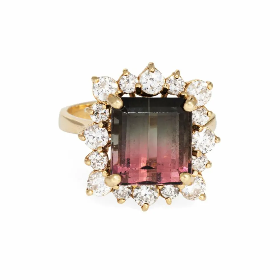 Bague en or jaune et diamants tourmaline bicolore de 5,60 ct