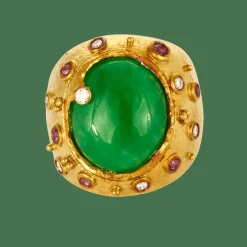 Bague en or jaune, jade, diamants et saphirs roses