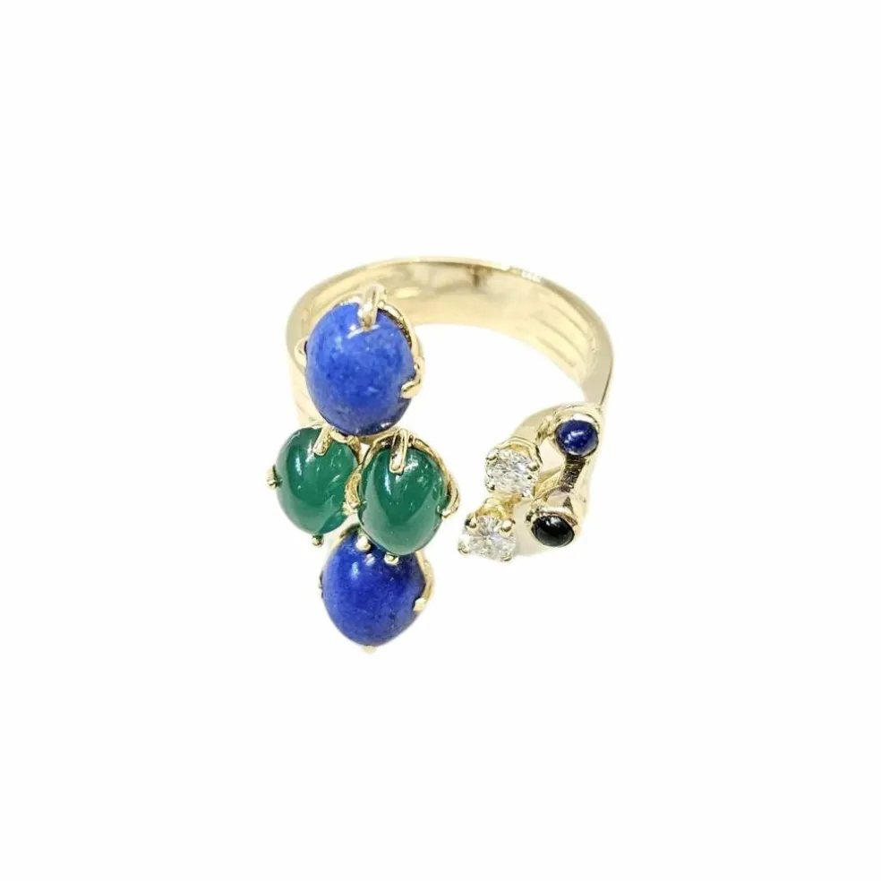 Bague en or jaune lapis lazuli, diamants et chrysoprases