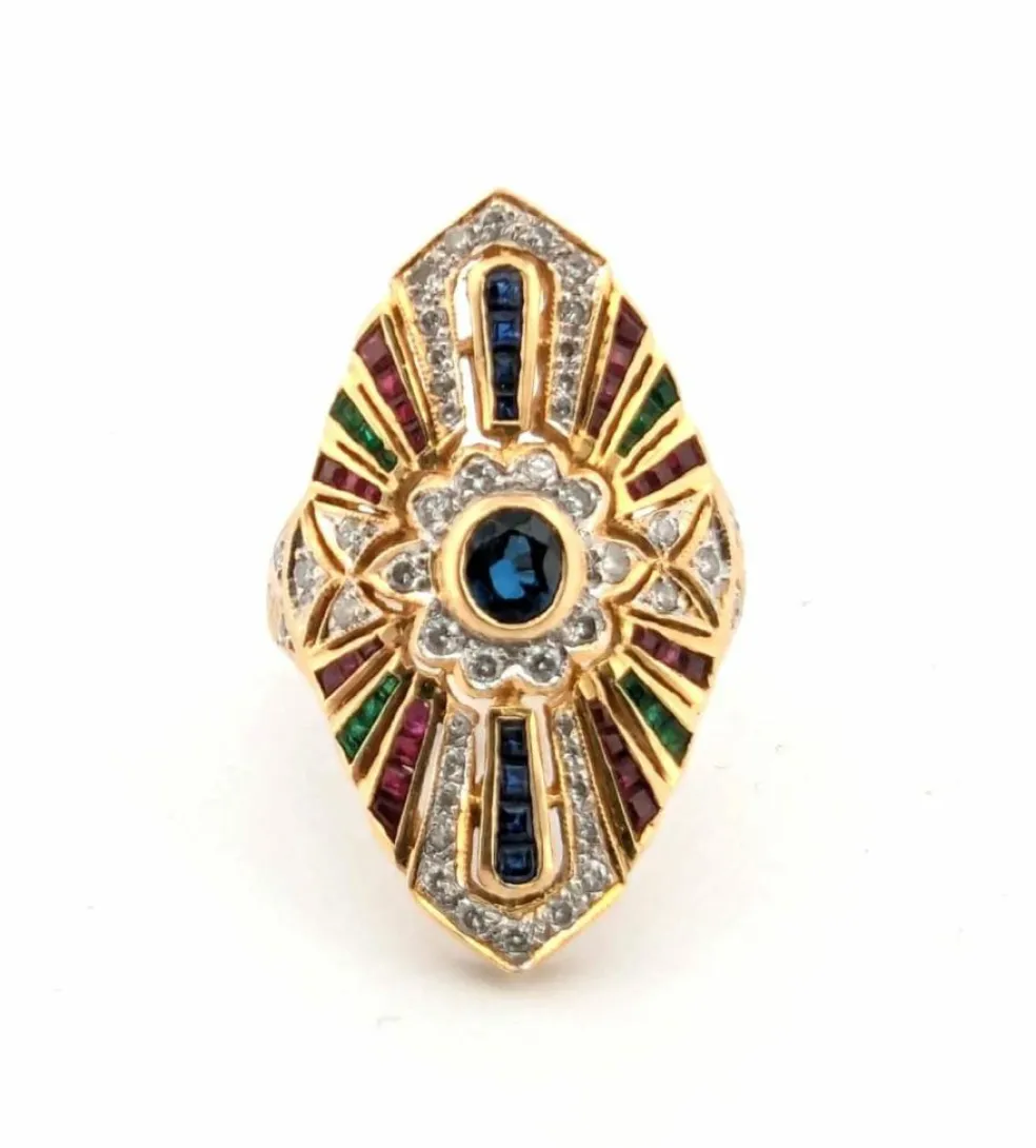 Bague en or jaune ornée de saphirs, de diamants, de rubis et d'émeraudes