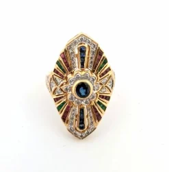 Bague en or jaune ornée de saphirs, de diamants, de rubis et d'émeraudes