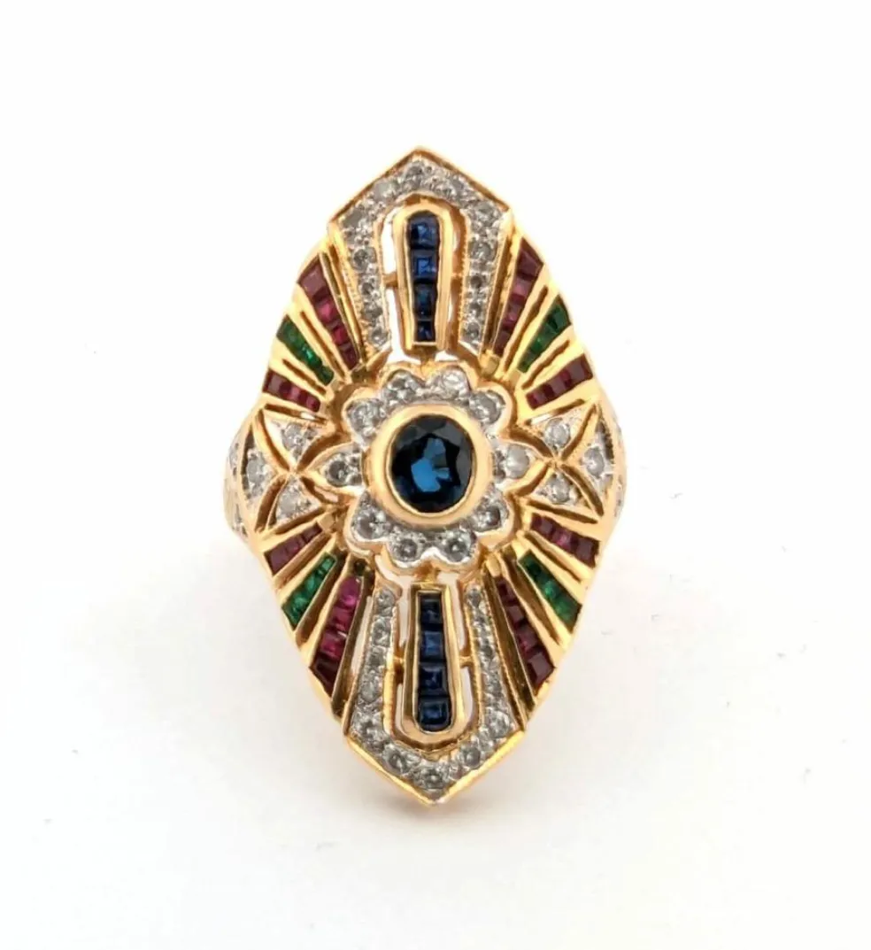 Bague en or jaune ornée de saphirs, de diamants, de rubis et d'émeraudes