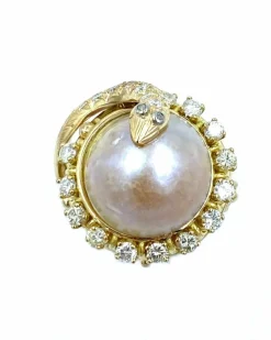 Bague en or jaune, perle mabé et diamants