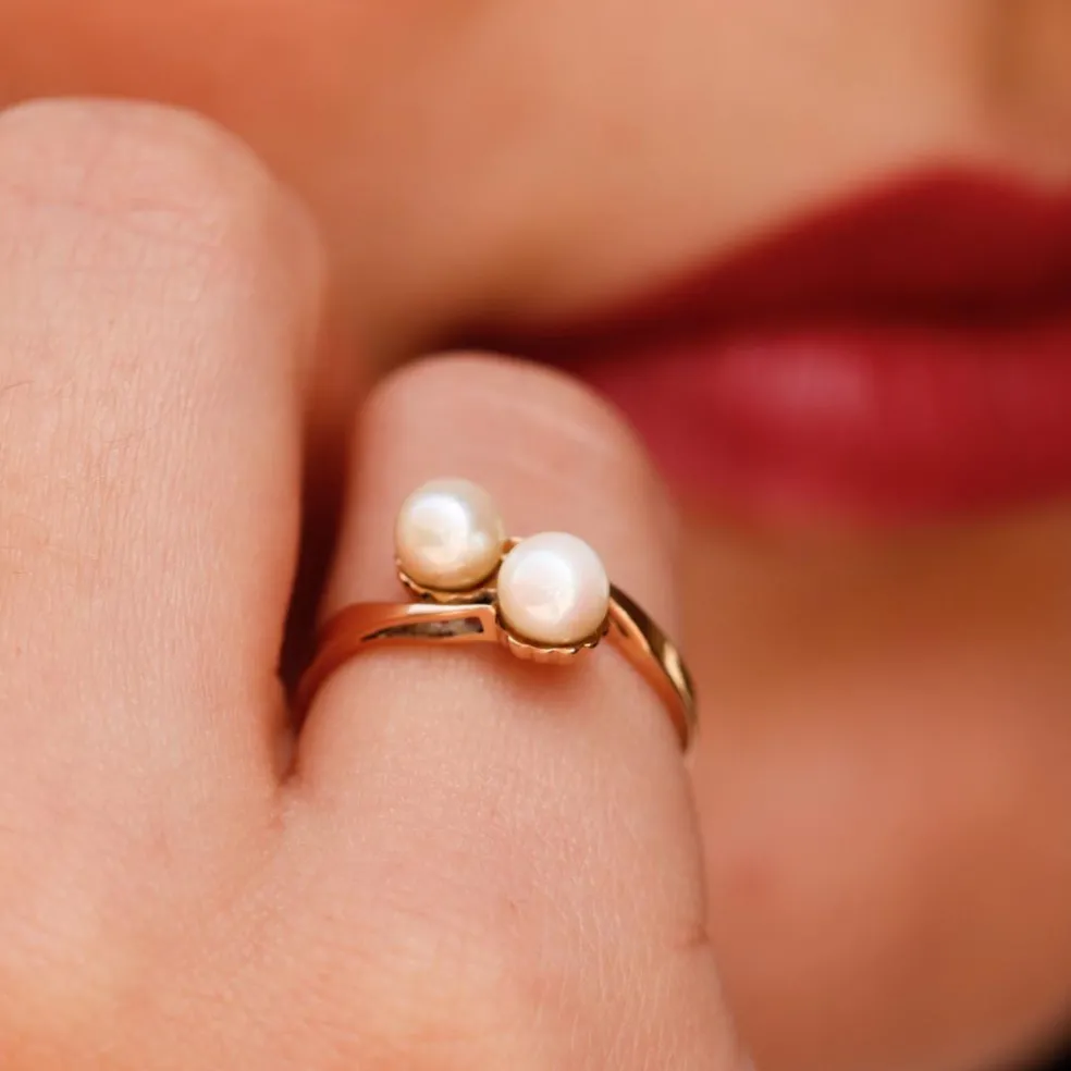 Bague en or jaune Toi et moi, perles