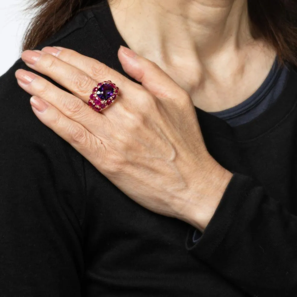 Bague en or rose 18 carats avec améthyste, rubis et diamants, bijou en pierres précieuses
