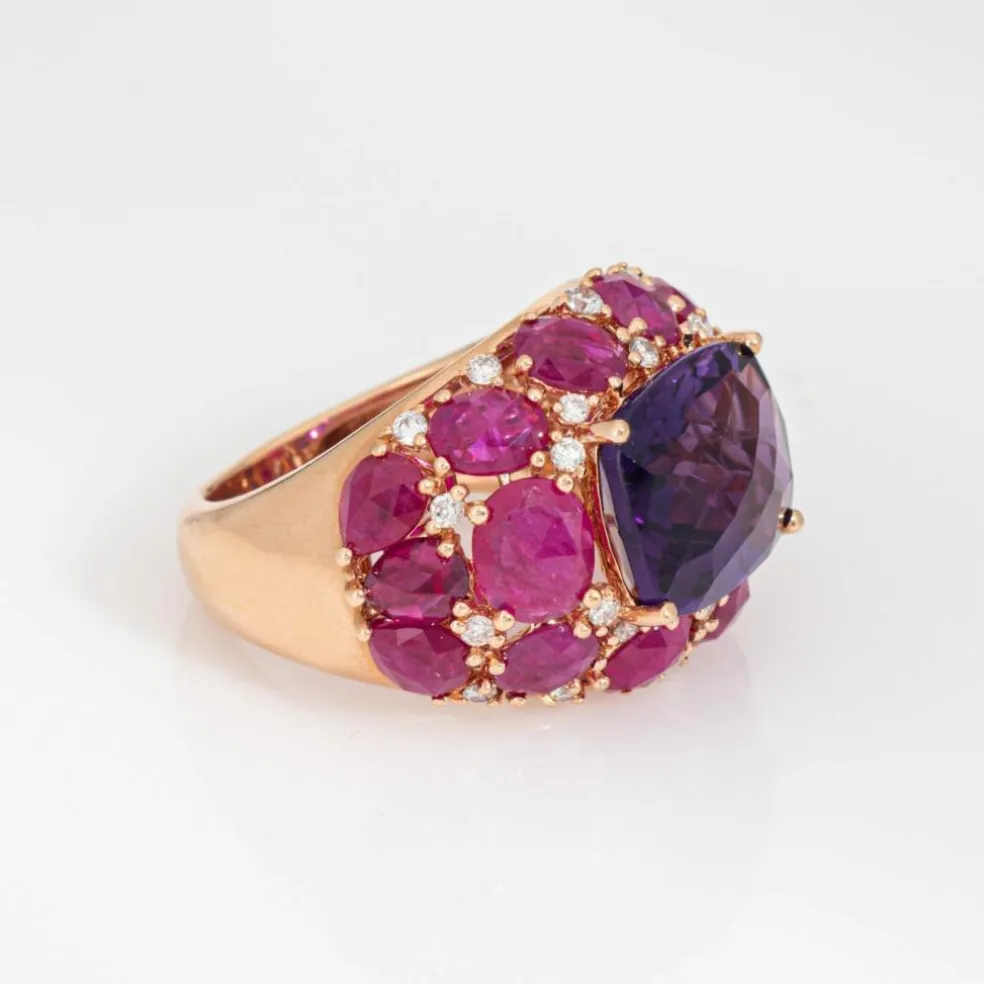 Bague en or rose 18 carats avec améthyste, rubis et diamants, bijou en pierres précieuses