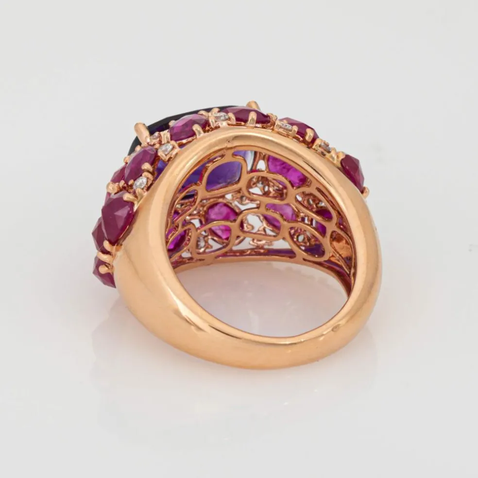Bague en or rose 18 carats avec améthyste, rubis et diamants, bijou en pierres précieuses