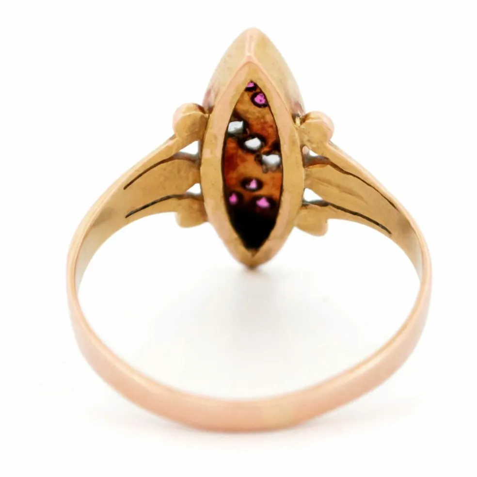 Bague en or rose 14 carats avec diamants et rubis