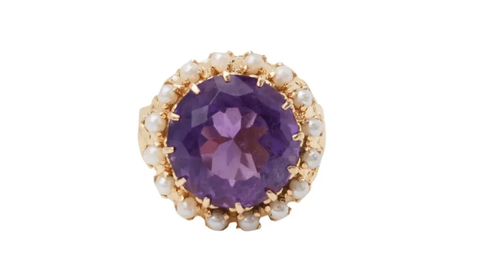Bague en or rose, améthyste et perles fines
