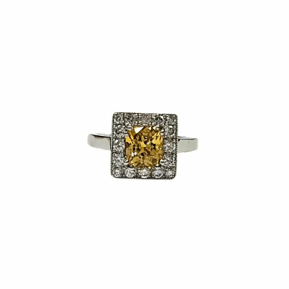 Bague en platine 850, diamants et saphir jaune naturels