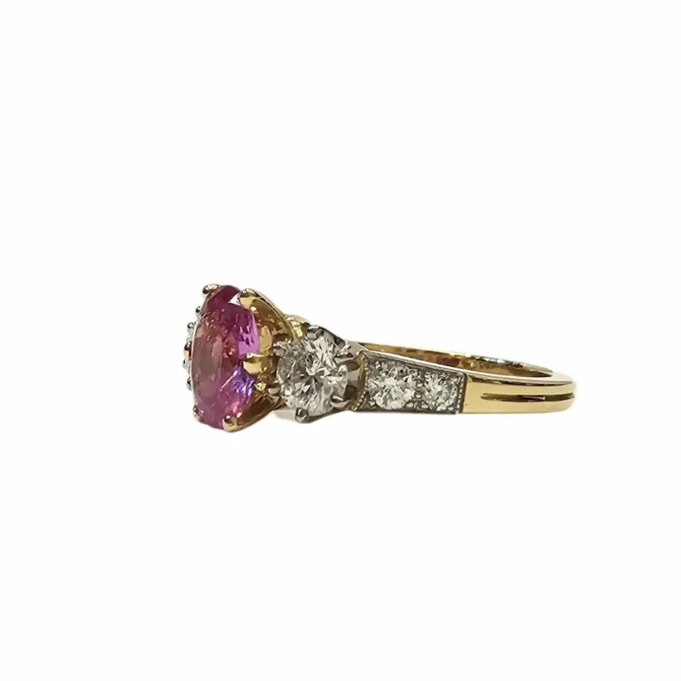 Bague en platine et or jaune diamants et saphir rose naturels