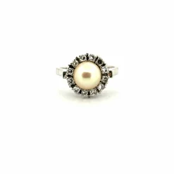 Bague entourage or blanc perle de culture et diamants