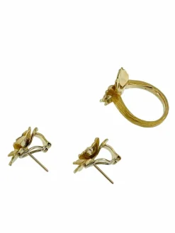 Bague et boucles d'oreilles fleur design en or jaune avec diamants