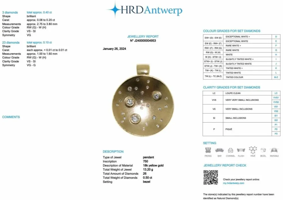 Bague et pendentif design lune or jaune et diamants certificat HRD