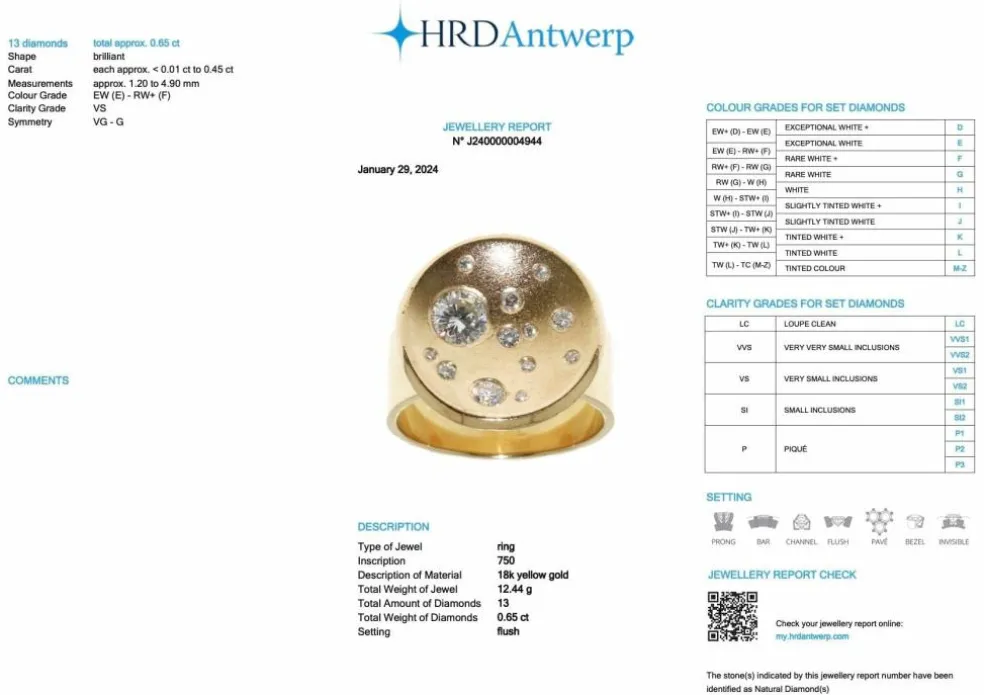 Bague et pendentif design lune or jaune et diamants certificat HRD