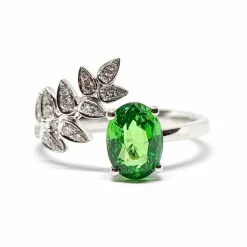 Bague feuille grenat tsavorite diamants or blanc