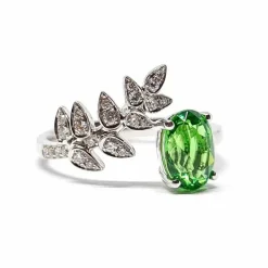 Bague feuille grenat tsavorite diamants or blanc