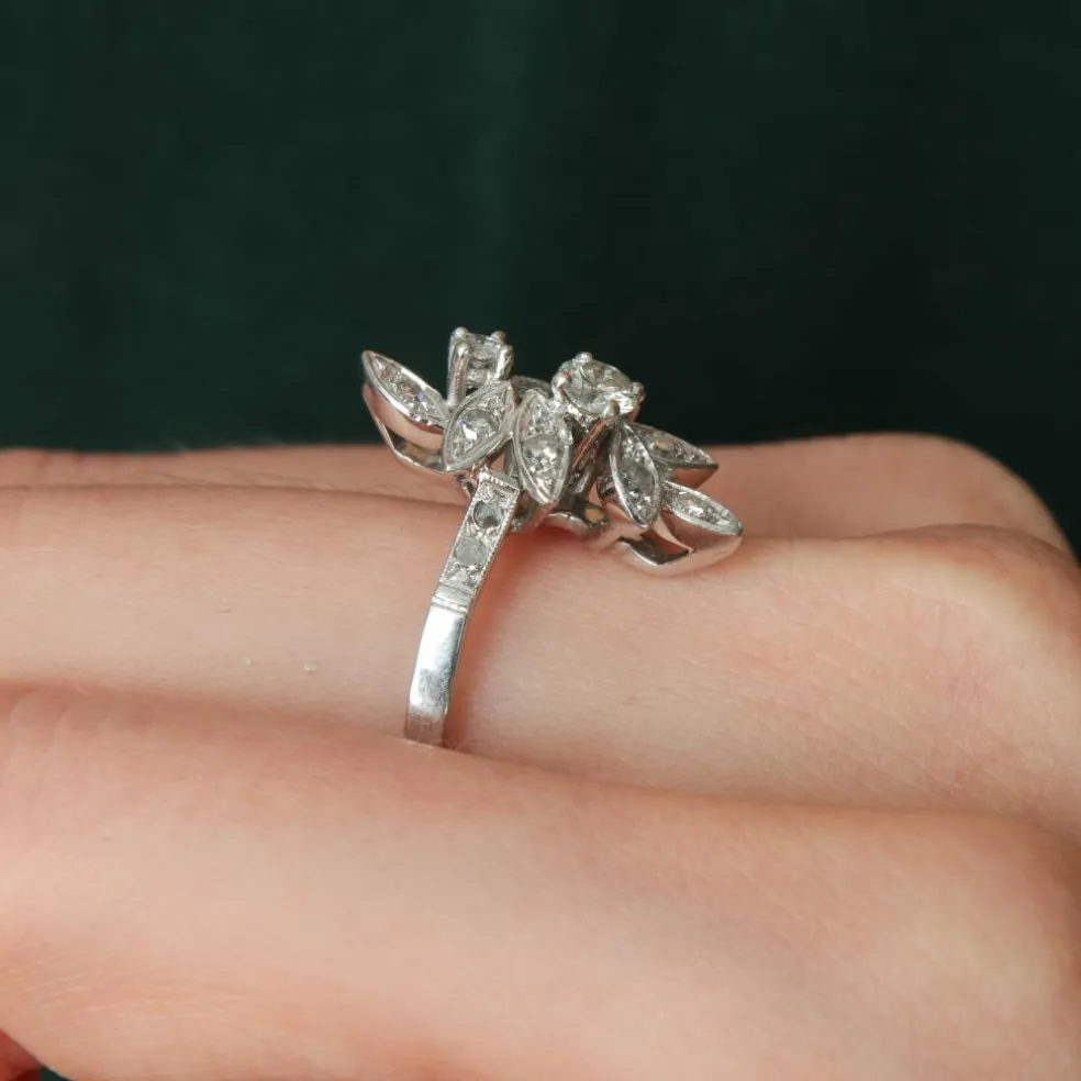 Bague "feuilles" or blanc et diamants