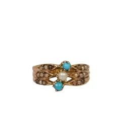 Bague fin XIXè en or rose avec turquoise et perles de rocaille
