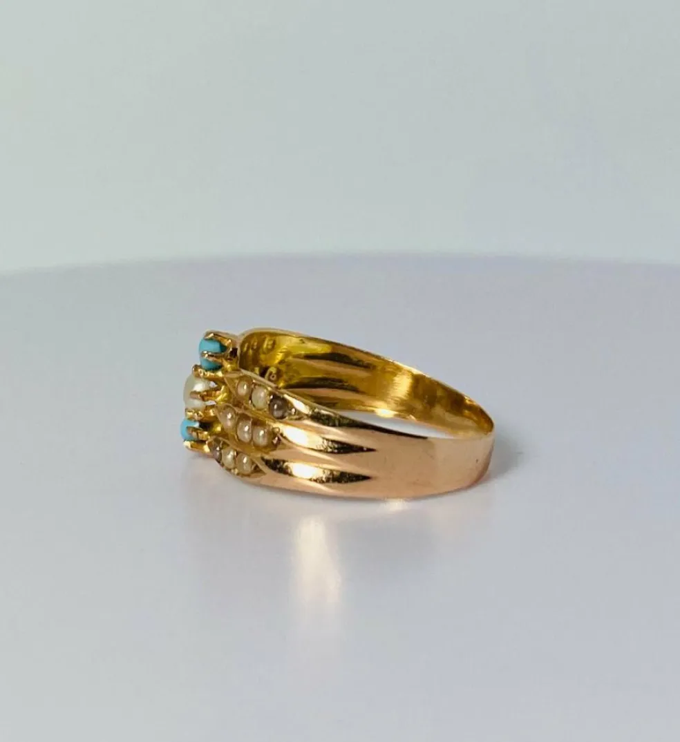 Bague fin XIXè en or rose avec turquoise et perles de rocaille