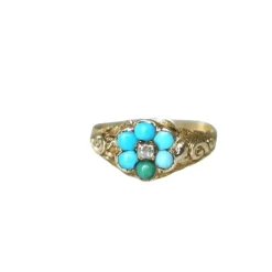 Bague fleur ancienne turquoises et diamant