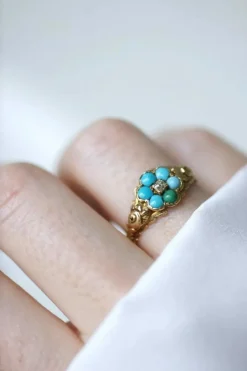 Bague fleur ancienne turquoises et diamant