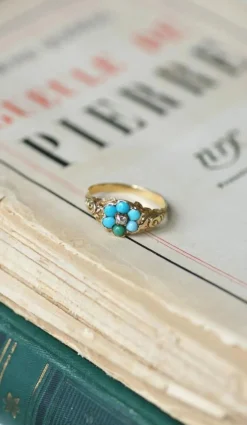 Bague fleur ancienne turquoises et diamant