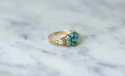 Bague fleur ancienne turquoises et diamant