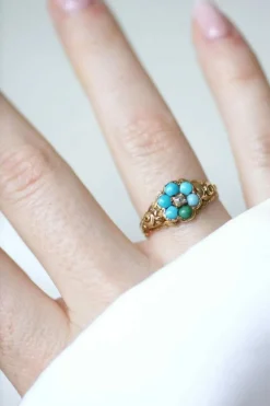 Bague fleur ancienne turquoises et diamant