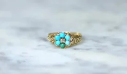 Bague fleur ancienne turquoises et diamant