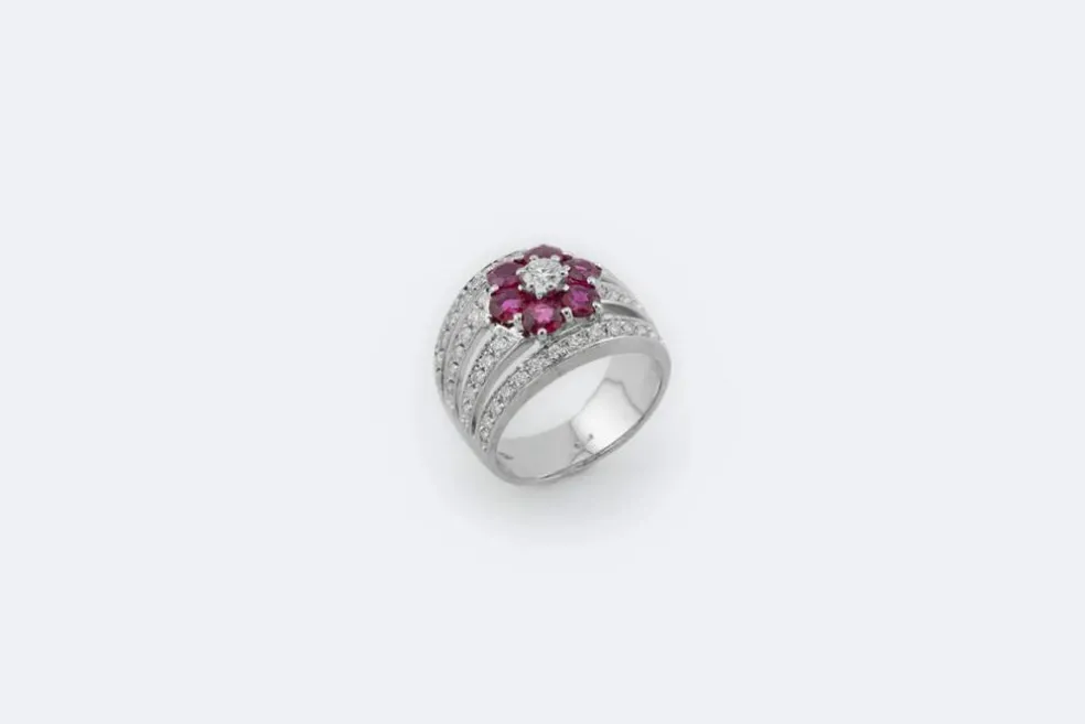 Bague Fleur Diamants Rubis