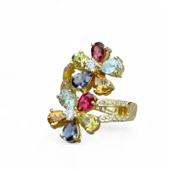 Bague fleur en or jaune et pierres fines