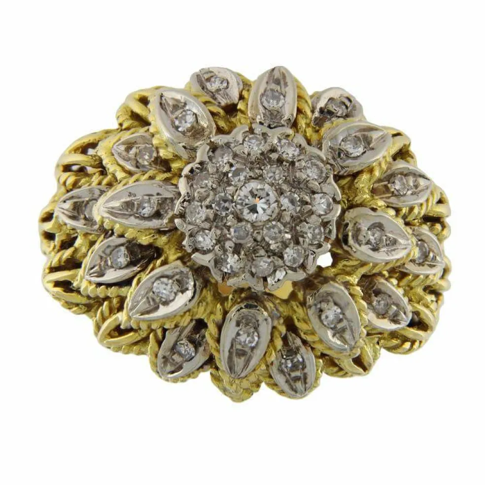 Bague fleur en or jaune et blanc avec diamants
