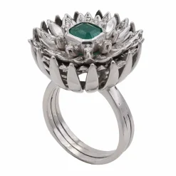 Bague Fleur Or gris Diamants Emeraude