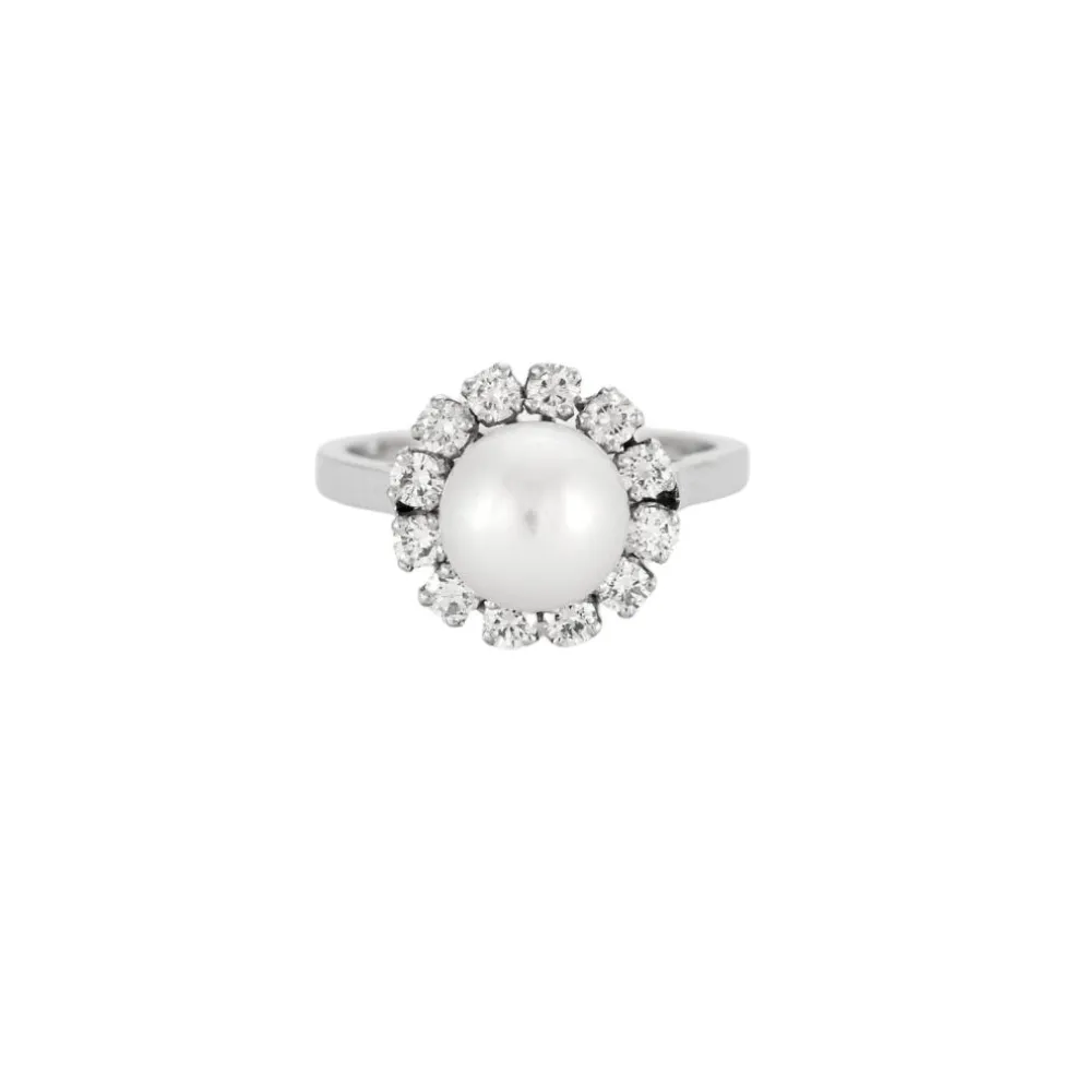 Bague Fleur Or gris Perle Diamants