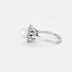 Bague Fleur Or gris Perle Diamants