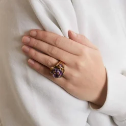 Bague Fleur Or Jaune Améthystes Diamants