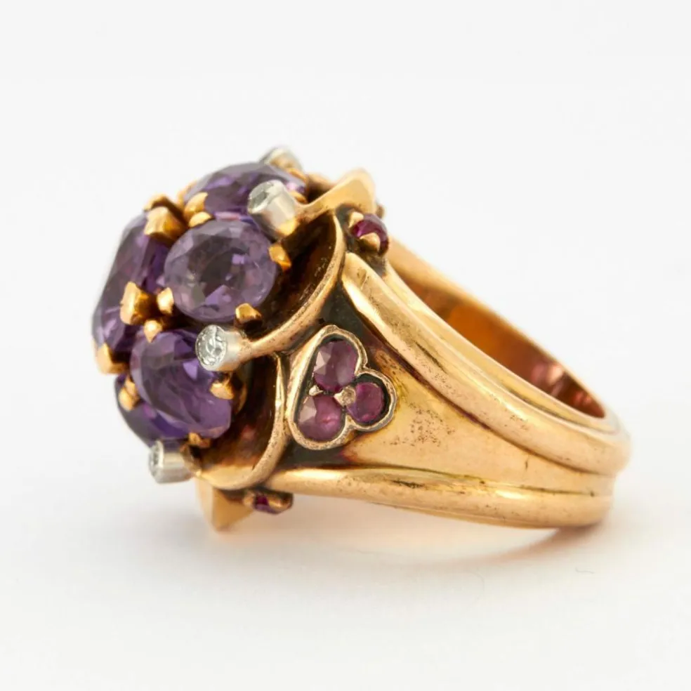 Bague Fleur Or Jaune Améthystes Diamants