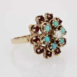 Bague fleur or jaune citrines turquoises perles