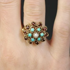 Bague fleur or jaune citrines turquoises perles