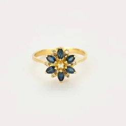 Bague "Fleur" or jaune, diamants et saphir