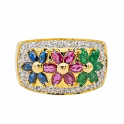 Bague Fleur Or jaune, Or blanc Rubis, Saphir, Emeraude