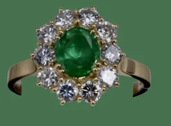 Bague fleur ovale en or jaune avec émeraude et diamants