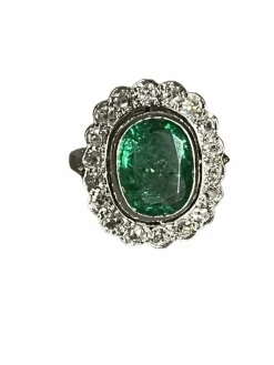 Bague Fleur Platine Or Gris Emeraude Diamants