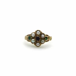 Bague fleur époque victorienne grenat émeraudes perles