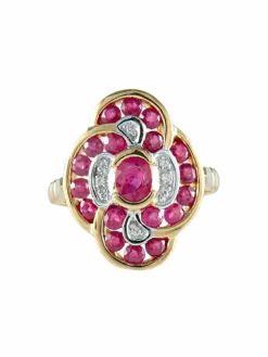 Bague fleur rubis ovale et brillant diamants or jaune