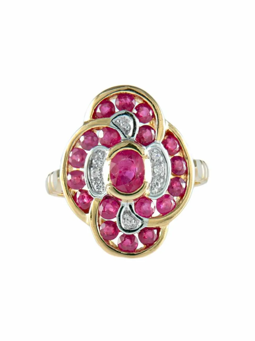 Bague fleur rubis ovale et brillant diamants or jaune