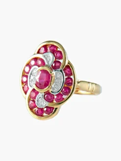 Bague fleur rubis ovale et brillant diamants or jaune